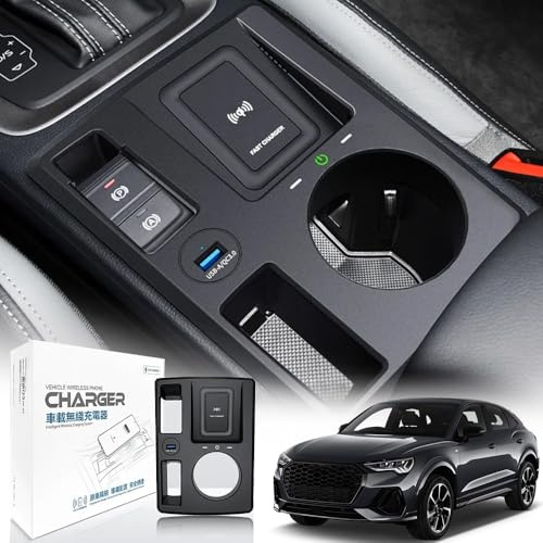 Singkin Kabelloses Auto Ladegerät für Audi Q3 Sportback RS Q3 2019-2024, Multifunktionaler Mittelkonsolen-Organizer mit 18W QC3.0 USB Wireless Schnellladendes Handy-Ladegerät für Audi Q3 Zubehör