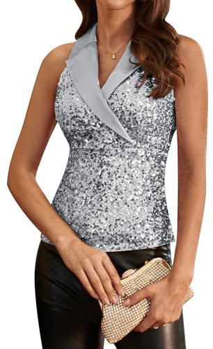 GRACE KARIN Damen Pailletten Tops Ärmellos Glitzer Camisole Westen Tägliche Tank Tops Bluse T-Shirts Silber Pailletten M