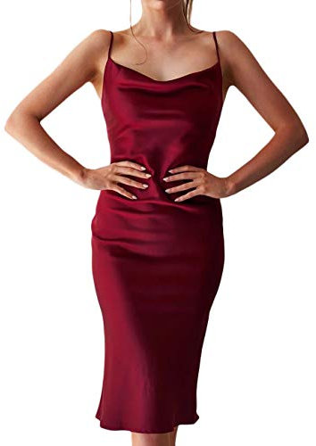 xxxiticat Robe sans manches en satin avec bretelles spaghetti, fourchettes, pour cocktail, plage, soirée, fête, col de vache, rouge bordeaux, XS