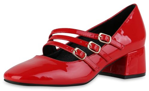 VAN HILL Damen Mary Janes Blockabsatz Lack Klassisch Schuhe 216461 Rot Lack 36