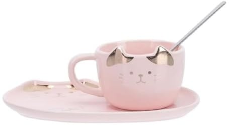 Huiyiwert Porcelain Espresso Cup Set Cute Cat Coffee Cup with Saucer and Spoon 200 ml Cappuccino Cup Gift for Cat Lovers Birthday Mother's Day (Pink)