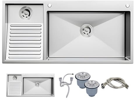 Stainless Steel Double Sink Washbasin for Balcony Easy to Clean Household Basin with Laundry Plate Left Side 100x48cm