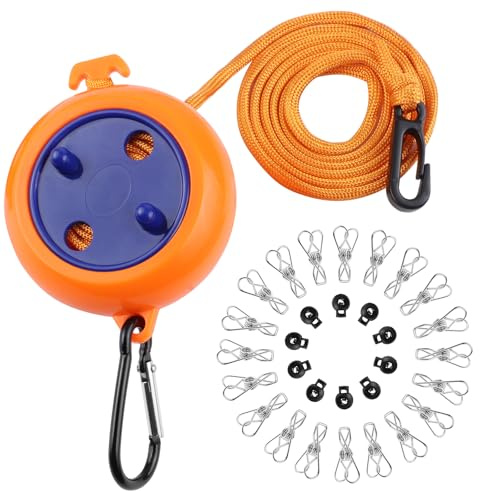 Stendibiancheria Portatile, Filo per Bucato Allungabile | con 10 Fibbie Fisse e 20 Mollette Antivento, 10M, per campeggio, hotel, giardino, balcone