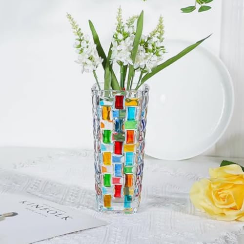 Colorful Glass Vase for Flowers Innjoii - Rectangle 19.5cm Hand Painted Woven Square Embossed Crystal Bud Vases Large for Flowers, Plant Terrarium, Candle Holder Glasses for Home Wedding, Office