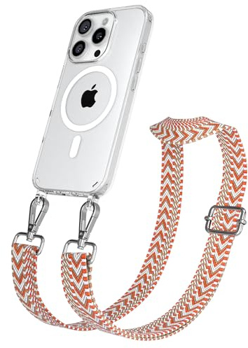 EAZY CASE Handykette - Verstellbares Taschenband kompatibel mit iPhone 16 Pro, Schulterriemen, Handykordel mit Silikon Hülle, Qi Charging kompatibel, Umhängetasche, Blau Rot Silber