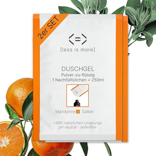 Less is More Duschgel Mandarine/Salbei (500ml), Pulver zum Anmischen, ohne SLS, seifenfrei, 2 plastikfreie Nachfüllpackungen (2x250ml), DIY-Duschgel