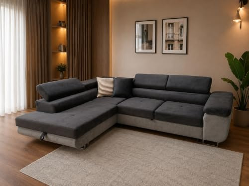 KMK GNYCH Sofa Aston 275x202x90 cm, Schlaffunktion, Dunkelgrau, Grau, Links | L-Form Ecksofa, Modern Couch mit Bettkasten, Weiches Sofa fürs Wohnzimmer, Schlafsofa, Eleganter Monolith Stoff