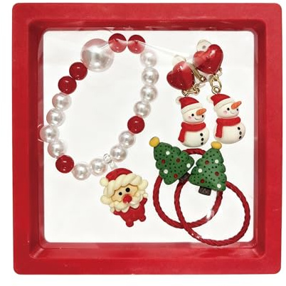 CHENYEXI Handgemachtes Weihnachts-Schmuckset für Kinder, Perlenarmband mit Schneemann und Weihnachtsbaum, Haarschmuck und Ohrclips in Rot und Weiß, Festliche Accessoires (Geschenkbeutel-Serie)