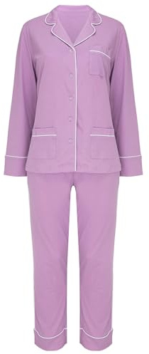 SNOOZE OFF Damen Pyjama 2-teilig aus 100% Baumwolle – Langarm Hemd & Lange Hose in Mint mit Kontrastpaspel