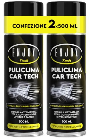 ENJOY TECH - Puliclima Car Teck 2x500ml Schiuma Igienizzante Aria Condizionata Auto | Detergente Professionale Condotti e Climatizzatore con Sali Quaternari di Ammonio | Anallergico Profumo Mughetto