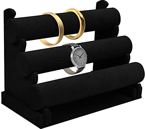 Kurtzy Samt Schmuck Aufbewahrungssystem (3 Ebenen) Schmuckständer Schwarz 30 x 17 x 23cm Abnehmbarer Schmuck Ständer, Uhrenhalter Uhrenständer, Armband Halterung, Scrunchie Halter, Ketten Aufbewahrung