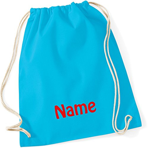 Turnbeutel hellblau mit Namen Bestickt aus 100% Baumwolle, Sportbeutel, Schwimmbeutel, Gym Sack, Gym Bag
