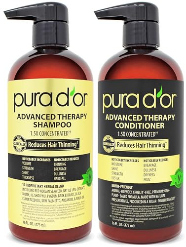 PURA D'OR Erweiterte Therapie System Shampoo und Conditioner reduziert die Haarverdünnung für den dickeren Kopf des Haares, angereichert mit Premium-Bio-Arganöl & Aloe Vera