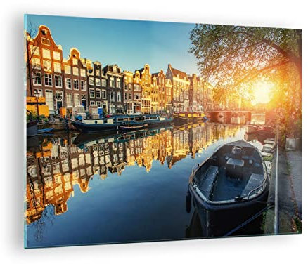 Bilder auf Glas Kanal Boot Amsterdam Wasser Glasbild 70x50cm Wandbilder Dekoration Wohnzimmer Schlafzimmer Küche Deko Klein Wanddeko Bild im Glas Wand Kunstdruck Art Modern Wall Decor GAA70x50-2857