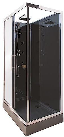 ONDÉE, Cabine de douche hydromassage DELLINE, Base en verre miroir, pommeau de douche, 6 jets hydromassants, façade en verre fumé, profilés en aluminium chromé, Noir, 80x120 cm
