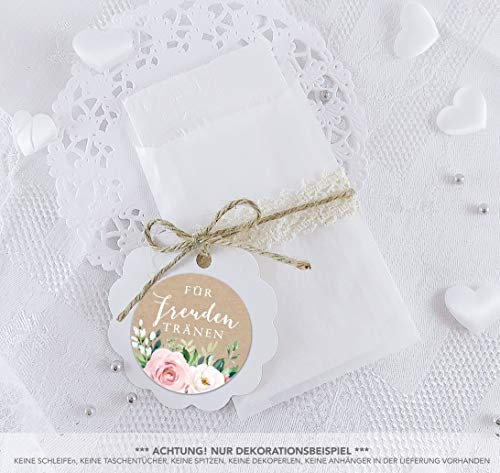 Freuden Tränen Taschentücher Set zur Hochzeit Groß 48 Sticker + 48 Pergamin Flachbeutel 63 x 93 mm Freudentränen Taschentuch Verpackung BOHO HIPPIE ROSEN EUKALYPTUS KRAFTPAPIER ZWEIGE ROSA