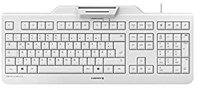 CHERRY SECURE BOARD 1.0, Kabelgebundene Security-Tastatur mit Kartenleser und RFID/NFC-Schnittstelle, Deutsches Layout (QWERTZ), USB-A Anschluss, Weiß-Grau