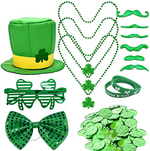 Sayala St Patrick's Day Accessory Set,Irish Shamrock Hut Kobold Zylinder und Bart,Gummibänder Armbänder, Mustache,Shamrock Gläser,Shamrock-Münzen Irish Day Zubehör