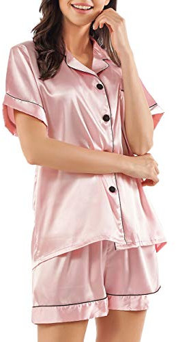 GAESHOW Ensemble de Pyjama Deux pièces en Satin de Soie pour Femme, avec Haut à Manches Courtes et Boutons