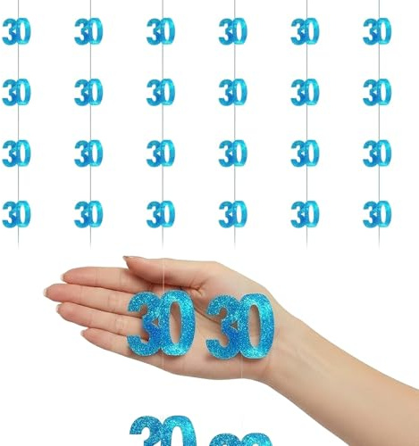 Shatchi 30th Glitz Blue Anniversary Birthday Metallic Hanging String Decorations, Shiny Foil Banner for Party Doors and Walls, Pack of 6