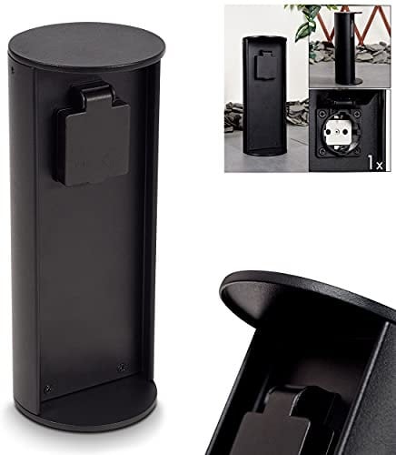 Socket Column Stewart, Cylindrical Column Made of Metal in Black, 1-Way Socket with a Height of 25.5 cm, Garden Socket with hinged Cover, IP44, 16A/250V Connection