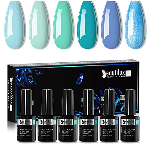 Beautilux Vernis Semi permanent Bleu, 6 Couleurs 10ml Bleu Clair Vernis Semi-permanent, Vernis à Ongles Gel UV Gel Soak Off Manucure Nail Art Kit (Série bleu clair)