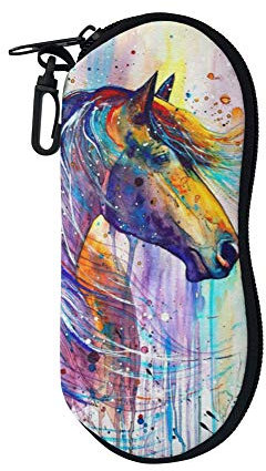 Binienty Weiches Brillenetui mit Reißverschluss, Brillenetui mit Gürtelclip, tragbar, Aquarell-Pferd, One size