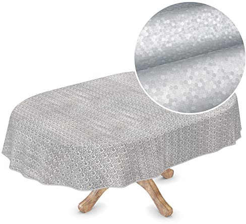 Premium Wachstuchtischdecke Tischdecke Vinyl Wachstischdecke abwaschbar Oval 300x150cm Punkte Silber edel abwischbar