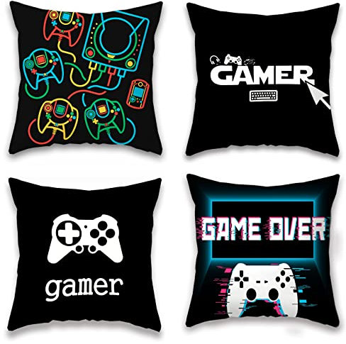 4 Stück Set Dekorativer Kissenbezug, Spielen Spieler Kissenbezug, Quadratisch Kissenbezug, Geeignetfür Spielen Fan Videospiel Themen Party Sofa Lustige Neuheit Geschenk