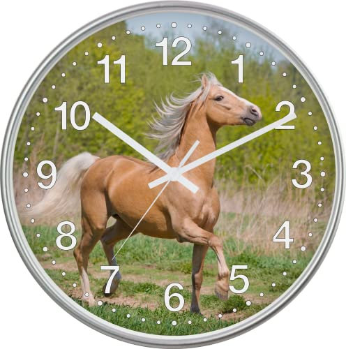 Eurotime Quarzwanduhr, 30 cm, Kunststoffgehäuse Silber, Echtglasabdeckung, klares 12-Zahlen Zifferblatt mit Pferdemotiv, geräuscharmes Uhrwerk, kein Ticken, Wanduhr für Kinderzimmer, 82705-07
