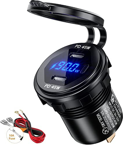 Thlevel KFZ Ladegerät Type C Steckdose 12V-24V 90W Auto Dual Port PD | mit LED Digital Voltmeter Anzeige und Schalter Handy Schnellladung Wasserdicht für Fahrzeuge Boot Motorrad