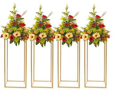 RainWeel Blumenständer Gold Blumensäule Metall Blumenhocker Pflanzenständer Geometrischen Vasen Dekosäule für Hochzeit Party (4 Stück 24*24*60 cm)