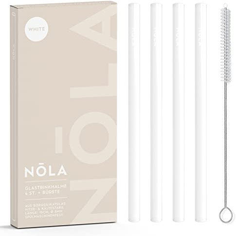 NOLA Premium Glastrinkhalme weiß, 4er-Set + Reinigungsbürste - 15 cm lang - Spülmaschinenfest, Spezialglas - für heiße & kalte Getränke, Tee, Cocktails, Smoothies, Säfte