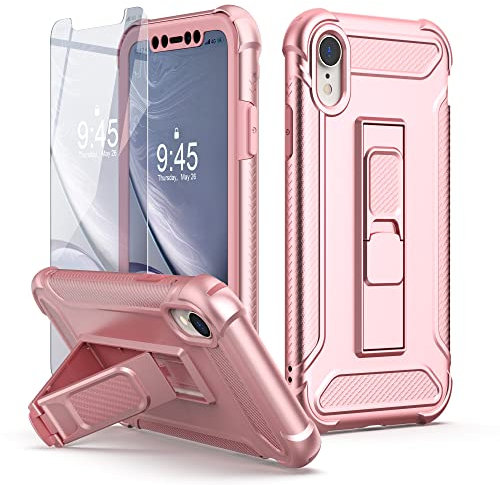 ORETECH [5-in-1 für iPhone XR Hülle, mit [2 Stück Schutzfolie, Ständer, Vordere und Hintere Hülle],Handyhülle iPhone XR, [Militärschutz] Stoßfest Schutzhülle Ganzkörperschutz Hülle iPhone XR,Roségold