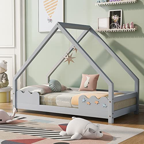 ZYLOYAL10 Hausbett Kinderbett 80x160cm mit Rausfallschutz,Spielbett,Jugendbett Massivholz in Grau (Gery)
