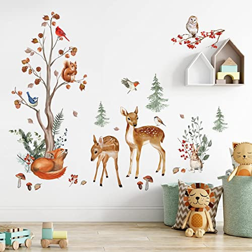 wondever Wandtattoo Waldtiere Baum Winter Wandaufkleber Hirsch Reh Fuchs Wandsticker Wanddeko für Kinderzimmer Babyzimmer