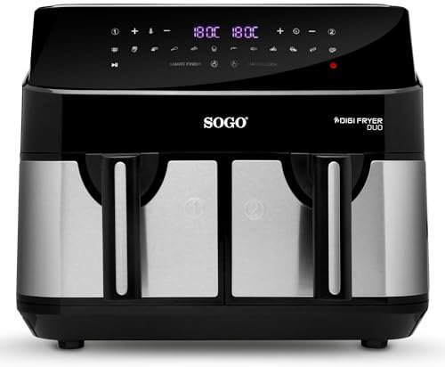 Sogo Freidora de Aire con Capacidad de 9L y 1750W de Potencia – Air Fryer con 2 Compartimentos Ideal para Hacer cualquier Tipo de Alimentos – Airfryer con Pantalla Táctil de Control