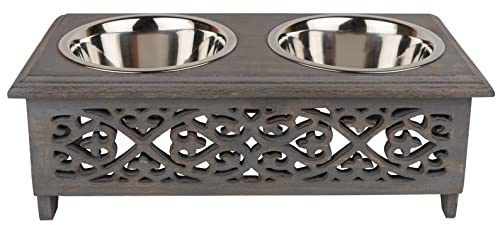 GoCraft Raised Dog Bowls for Small Dogs | Elegant Farmhouse Grey Washed Elevated Wooden Stand Feeder with 2 Stainless Steel Bowls for Your Pet Food & Water