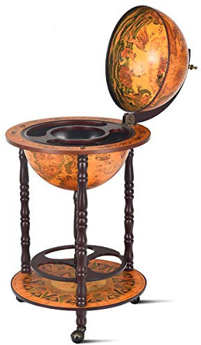 GiantexUK 330MM/360MM Globe Drinks Cabinet, Unique Eucalyptus Wooden Mini Bar Cart with Open Shelves, Retro Movable Whisky Wine Spirits Trolley for Home Restaurant(no Top, 360MM Globe, 47x47x90cm)