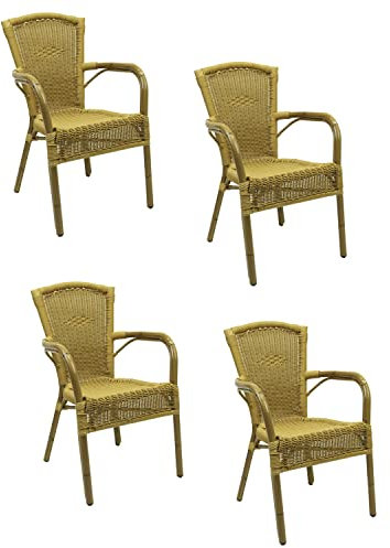 Konway 4X Colombo Stapelsessel Honig Premium Polyrattan Garten Sessel Stuhl Set Gartenstühle Gartenmöbel Terrasse Sitzgruppe Outdoor Lounge Möbel