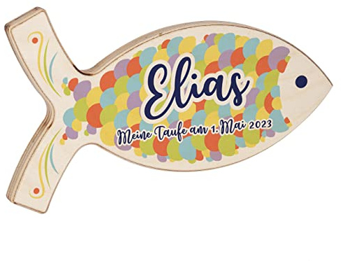Striefchen® Personalisierter Deko-Fisch aus Holz für Taufe, Kommunion und andere Anlässe 19,5 cm x 11 cm x 1 cm (B/H/T) Bunte Schuppen