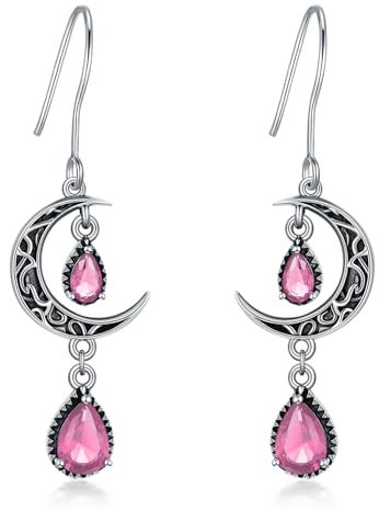 VONALA Crescent Moon Earrings 925 Sterling Silver Celtic Moon Dangle Drop Earrings Emerald Dangling Earrings Celtic Jewelry Gifts for Women Teens Girls (Pink)