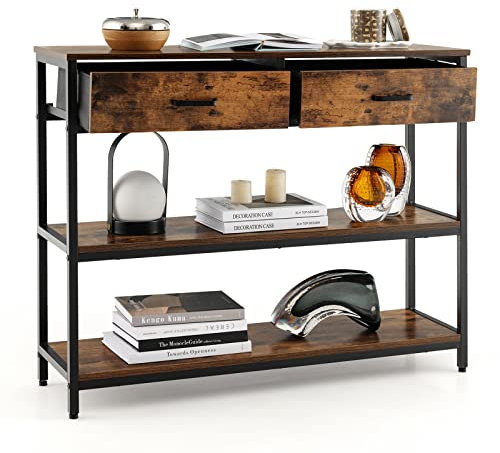 GOPLUS Konsolentisch mit Schublade & Ablage, Flurtisch schmal mit Metallgestell, Eingangtisch Industrial für Wohnzimmer & Flur, 100x30x80 cm (2 Schubladen, 2 Ablagen)