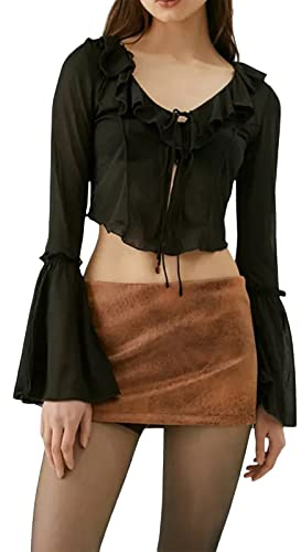 Women Long Sleeve Sheer Blouse Sexy V Neck Tie Up Ruffled Tassel Cardigan Mesh Flare Sleeve Crop Top Streetwear