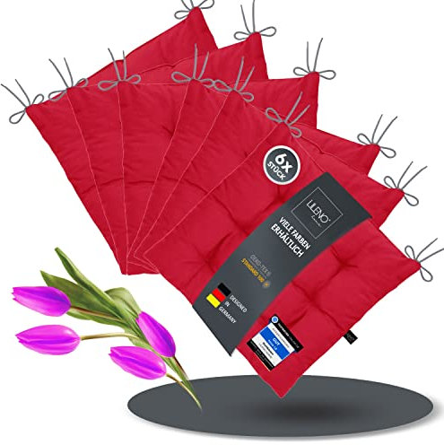 LILENO HOME 6er Set Stuhlkissen 27 Rot (40x40x6 cm) - Sitzkissen für Garten, Küche oder Esszimmer - UV-beständige Indoor u. Outdoor Stuhlauflage als Stuhl-Kissen (Linda FUM)