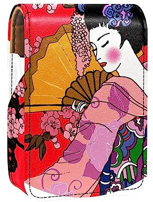 Astuccio per rossetto Borsa cosmetica Organizzatore cosmetico Borsa per trucco da viaggio Porta rossetto con specchio per borsa,Ragazza giapponese Blossom Sakura Vintage Art