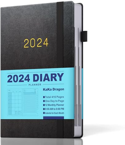 KaKa Dragon Kalender 2024 Buchkalender Agenda, Tagebuch Planer A5 Terminplaner 1 Tag 1 Seite mit Monatsregistern, (416 Seiten) Hardcover Kunstleder