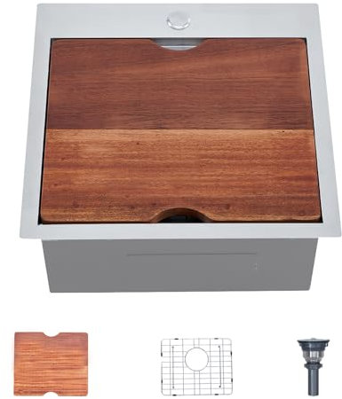 HOTIS 18 X 18 Inch Drop In Bar Sink, Stainless Steel Small Kitchen Sink, Top Mount Deep Workstation Single Bowl, Outdoor Camper Rv Laundry Wet Bar Prep Sinks With Grid & Drain & Cutting Board