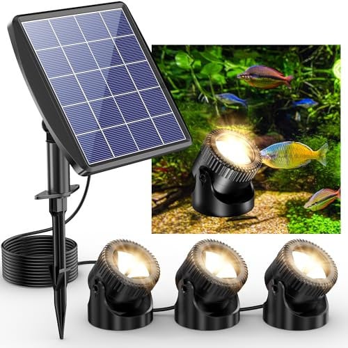 POPOSOAP 3-in-1 Warm White Underwater Solar Pond Lights, IP68 Waterproof LED Landscape Spotlights for Pond, Garden, Patio, Fountain, Pool, Waterfall Decoration (3 Head Lamp)