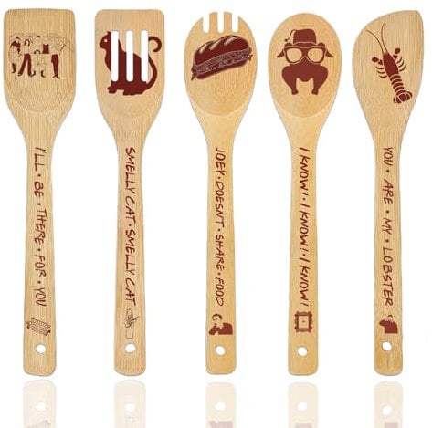 Friends Merchandise Gifts Wooden Spoons for Cooking, Natural Bamboo Kitchen Utensils Set 5 Pack for Holiday Party Decorations Kitchens Accessories Christmas Birthday Gift TV Show Fans Lover